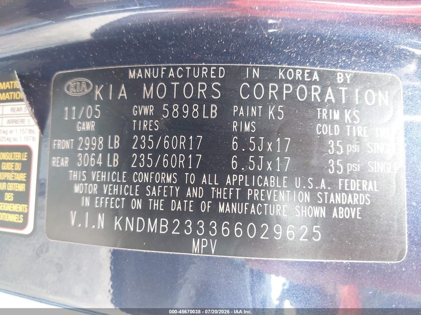 2006 Kia SEDONA VIN KNDMB233366029625 IAAI salvage auction — NORMAL WEAR, Clear (Maryland), sold $700 on 2026-07-29 (photo 9)