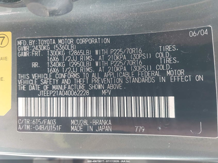 2004 Toyota Highlander VIN JTEEP21A040062228 IAAI salvage auction — NORMAL WEAR, Clear (Utah), sold $25 on 2026-07-30 (photo 9)