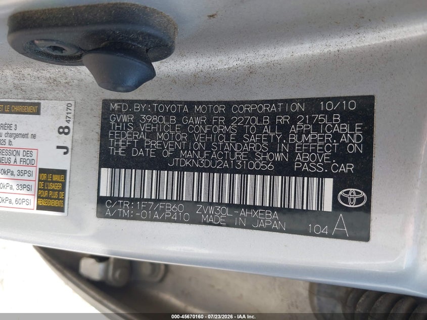 2010 Toyota Prius VIN JTDKN3DU2A1310056 IAAI salvage auction — NORMAL WEAR, Clear (Virginia), sold $50 on 2026-07-28 (photo 9)