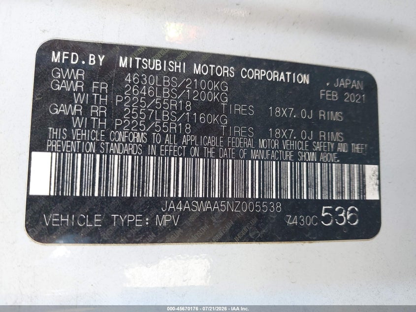 2022 Mitsubishi Eclipse cross VIN JA4ASWAA5NZ005538 IAAI salvage auction — FRONT END, Wait Title, sold $3,400 on 2026-08-24 (photo 9)