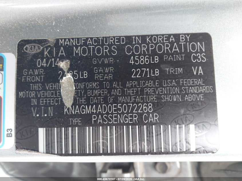 2014 Kia Optima VIN KNAGM4AD0E5072268 IAAI salvage auction — NORMAL WEAR, Clear (Washington), sold $25 on 2026-07-29 (photo 9)