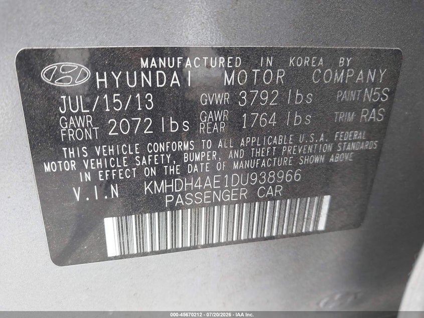 2013 Hyundai Elantra VIN KMHDH4AE1DU938966 IAAI salvage auction — NORMAL WEAR, Clear - Dealer Only (California), sold $25 on 2026-07-30 (photo 9)