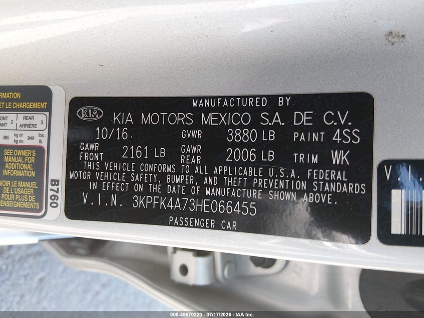2017 Kia Forte VIN 3KPFK4A73HE066455 IAAI salvage auction — FRONT END, Salvage Title, sold $775 on 2026-08-01 (photo 9)
