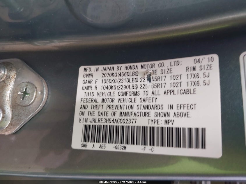 2010 Honda Cr-v VIN JHLRE3H54AC002377 IAAI salvage auction — NORMAL WEAR, Clear - Public Restricted (Oklahoma), sold $275 on 2026-07-29 (photo 9)