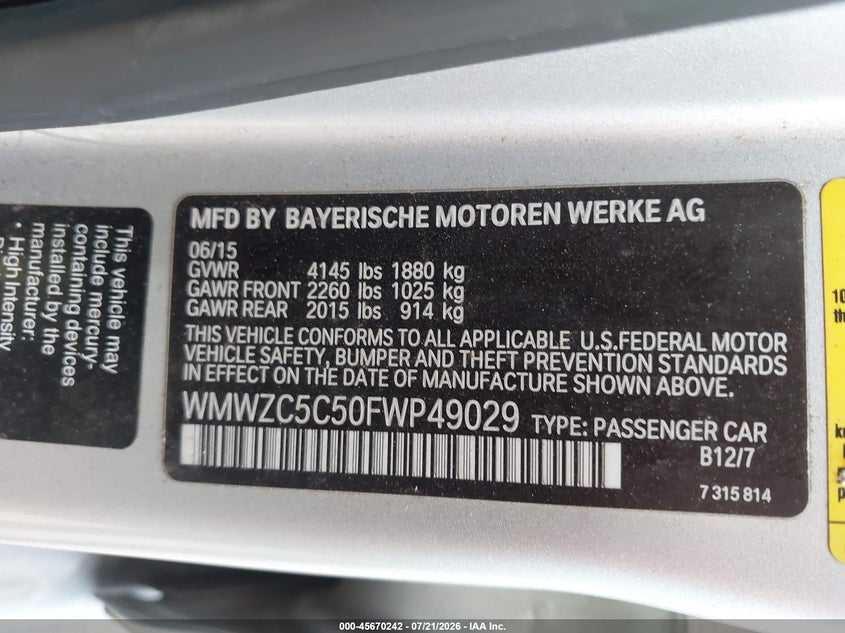 2015 Mini Countryman VIN WMWZC5C50FWP49029 IAAI salvage auction — FRONT END, Clear (Virginia), sold $425 on 2026-08-05 (photo 9)