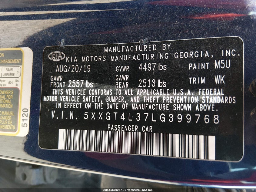 2020 Kia Optima VIN 5XXGT4L37LG399768 IAAI salvage auction — NORMAL WEAR, Clear (Pennsylvania), sold $225 on 2026-07-30 (photo 9)