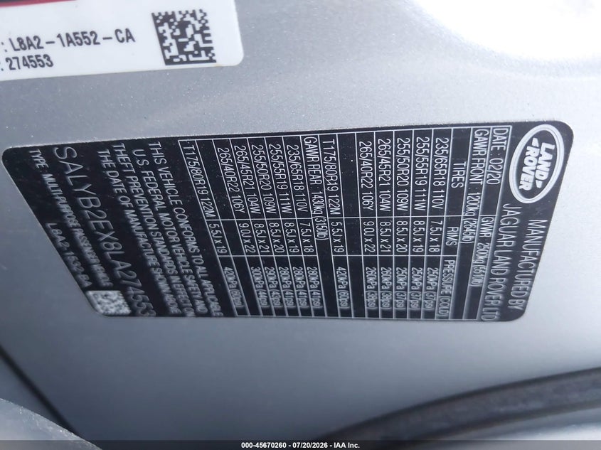 2020 Land rover Range rover velar VIN SALYB2EX8LA274553 IAAI salvage auction — WATER/FLOOD, Salvage Title, sold $8,050 on 2026-09-28 (photo 9)