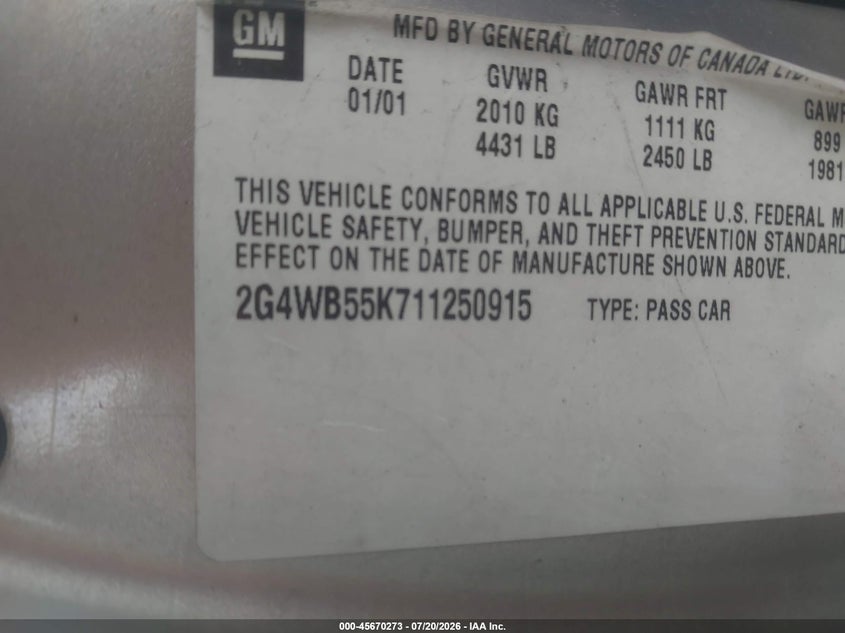 2001 Buick Regal VIN 2G4WB55K711250915 IAAI salvage auction — UNKNOWN, Salvage (Arizona), sold $225 on 2026-08-01 (photo 9)