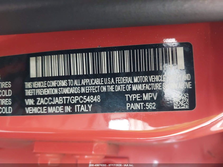 2016 Jeep Renegade VIN ZACCJABT7GPC54848 IAAI salvage auction — NORMAL WEAR, Clear (Florida), sold $2,225 on 2026-08-01 (photo 9)