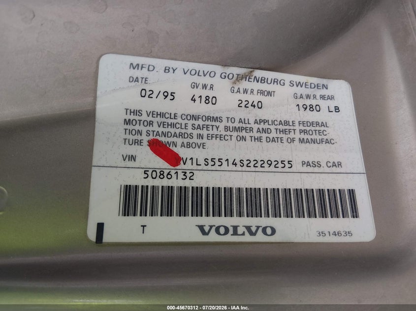 1995 Volvo 850 VIN YV1LS5514S2229255 IAAI salvage auction — NORMAL WEAR, Regular (Nevada), sold $25 on 2026-08-07 (photo 9)