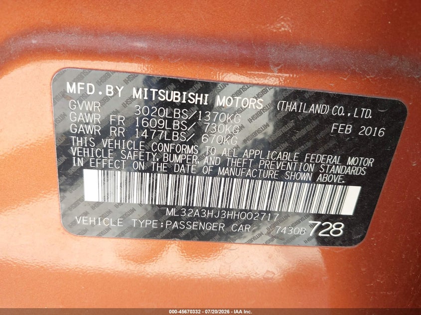 2017 Mitsubishi Mirage VIN ML32A3HJ3HH002717 IAAI salvage auction — FRONT & REAR, Wait Title, sold $1,200 on 2026-09-06 (photo 9)