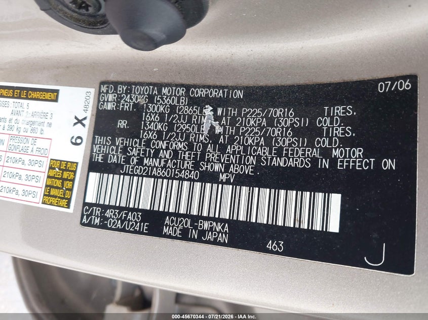 2006 Toyota Highlander VIN JTEGD21A860154840 IAAI salvage auction — NORMAL WEAR, Clear (Georgia), sold $25 on 2026-07-29 (photo 9)
