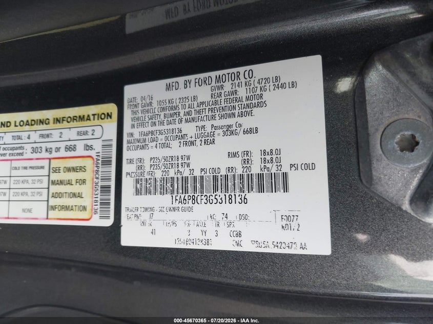 2016 Ford Mustang VIN 1FA6P8CF3G5318136 IAAI salvage auction — FRONT END, Salvage Certificate (California), sold $8,125 on 2026-08-21 (photo 9)