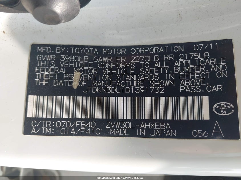 2011 Toyota Prius VIN JTDKN3DU1B1391732 IAAI salvage auction — LEFT SIDE, Clear (Wisconsin), sold $1,300 on 2026-07-23 (photo 9)