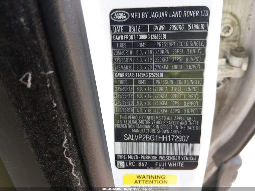 2017 Land rover Range rover evoque VIN SALVP2BG1HH172907 IAAI salvage auction — RIGHT FRONT, Salvage Title, sold $2,600 on 2026-09-05 (photo 9)