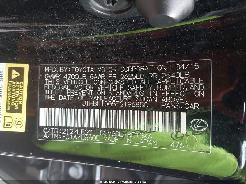 2015 Lexus ES VIN JTHBK1GG5F2196850 IAAI salvage auction — FRONT END, Salvage - Greater Than 75% (Maryland), sold $3,950 on 2026-08-01 (photo 9)