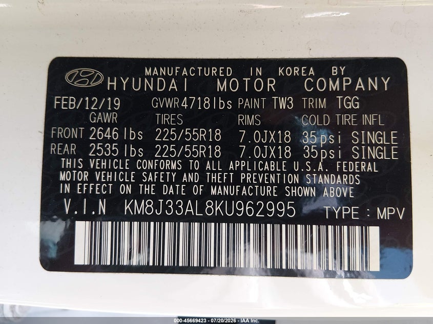 2019 Hyundai Tucson VIN KM8J33AL8KU962995 IAAI salvage auction — SIDE, Salvage (North Carolina), sold $3,800 on 2026-07-31 (photo 9)