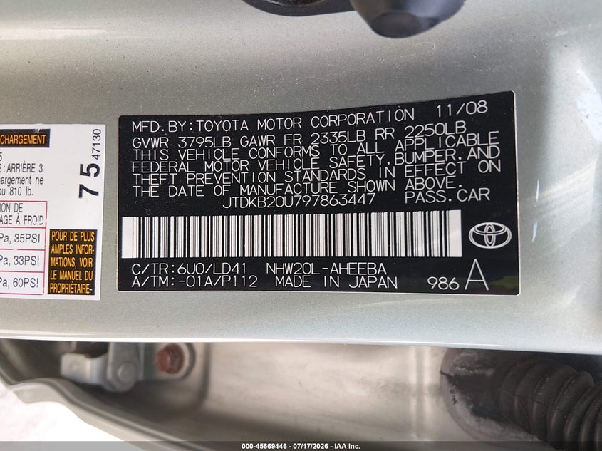 2009 Toyota Prius VIN JTDKB20U797863447 IAAI salvage auction — NORMAL WEAR, Clear (Indiana), sold $775 on 2026-07-29 (photo 9)