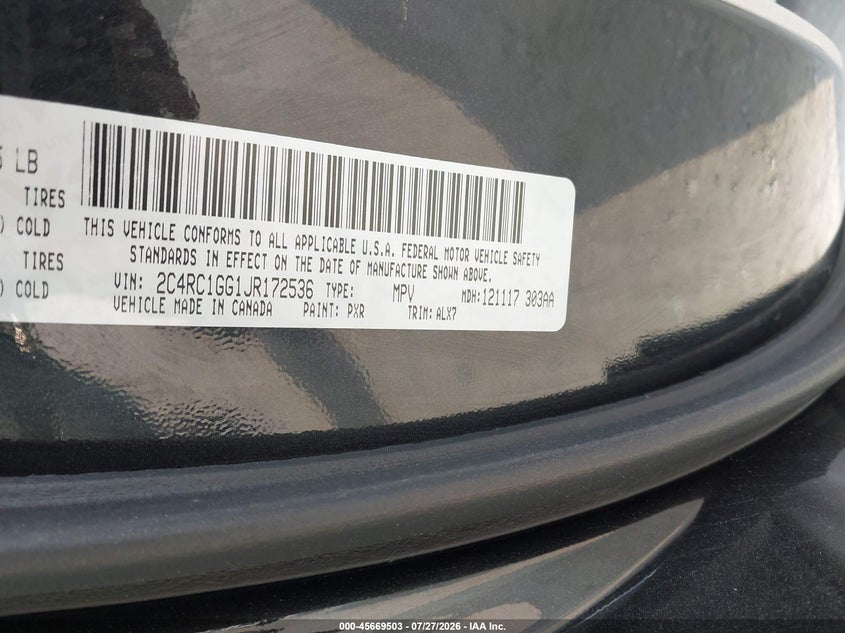 2018 Chrysler Pacifica VIN 2C4RC1GG1JR172536 IAAI salvage auction — FRONT END, Salvage (Illinois), sold $5,300 on 2026-08-27 (photo 9)
