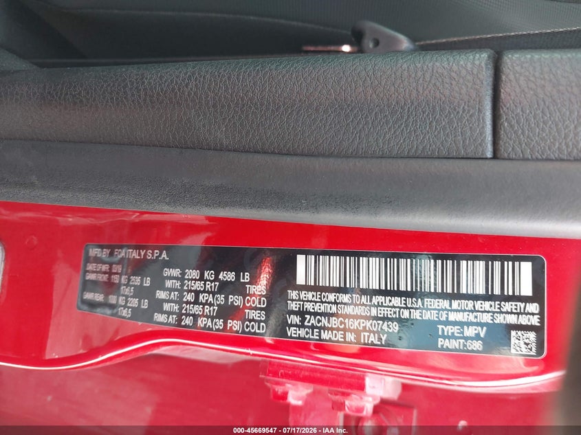2019 Jeep Renegade VIN ZACNJBC16KPK07439 IAAI salvage auction — NORMAL WEAR, Regular Certificate (Iowa), sold $1,050 on 2026-07-28 (photo 9)