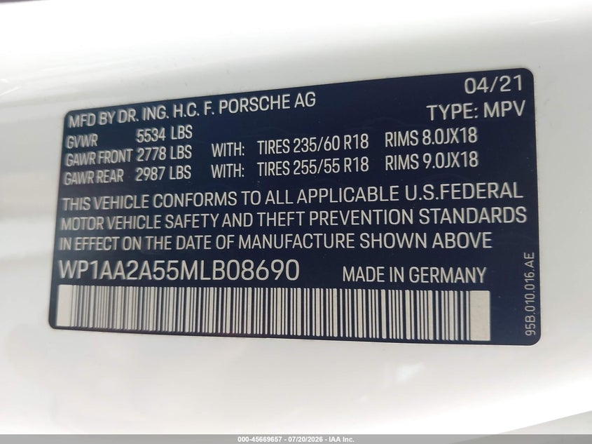 2021 Porsche Macan VIN WP1AA2A55MLB08690 IAAI salvage auction — TRANSMISSION, Wait Title, sold $13,250 on 2026-08-17 (photo 9)
