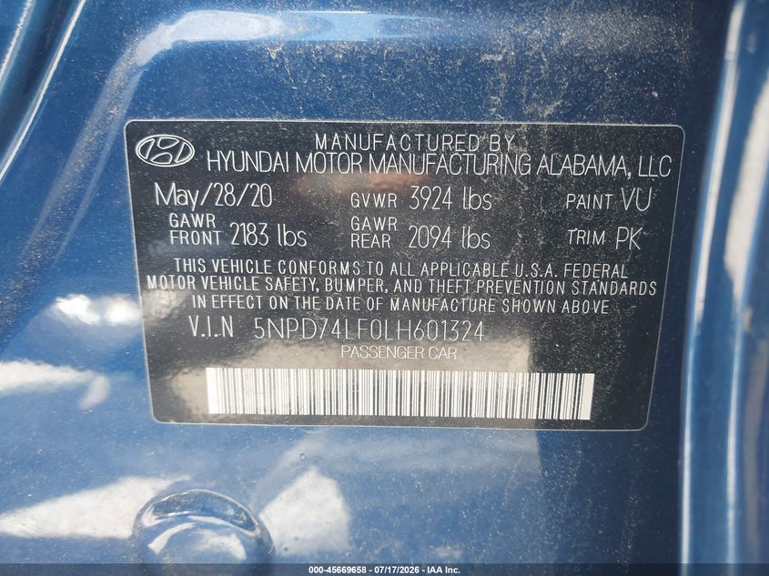 2020 Hyundai Elantra VIN 5NPD74LF0LH601324 IAAI salvage auction — NORMAL WEAR, Sf97 (New Hampshire), sold $12,500 on 2026-08-20 (photo 9)