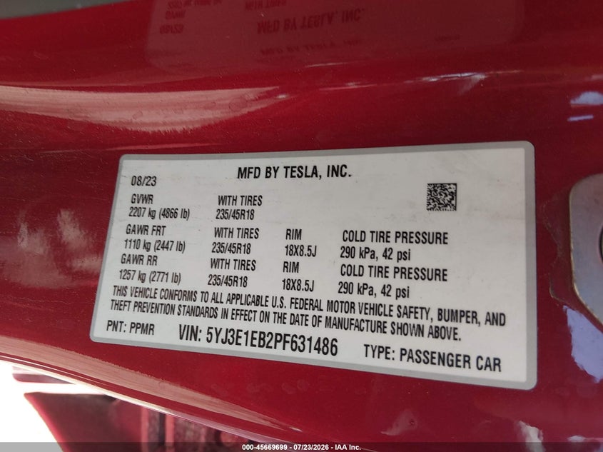 2023 Tesla Model 3 VIN 5YJ3E1EB2PF631486 IAAI salvage auction — FRONT END, Salvage (Colorado), sold $9,975 on 2026-09-11 (photo 9)