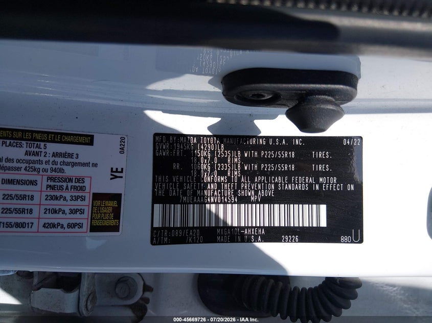 2022 Toyota Corolla cross VIN 7MUEAAAG4NV014594 IAAI salvage auction — RIGHT SIDE, Wait Title, sold $9,000 on 2026-09-05 (photo 9)