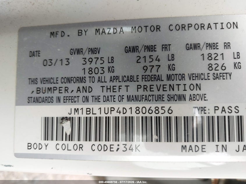 2013 Mazda 3 VIN JM1BL1UP4D1806856 IAAI salvage auction — NORMAL WEAR, Clear (Pennsylvania), sold $25 on 2026-07-22 (photo 9)