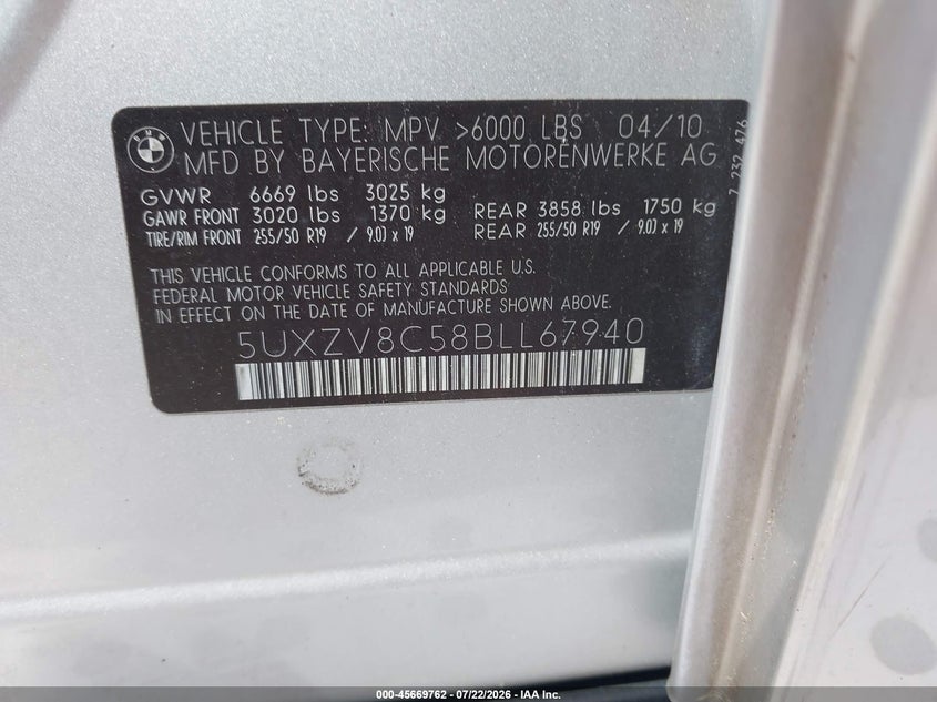 2011 BMW X5 VIN 5UXZV8C58BLL67940 IAAI salvage auction — NORMAL WEAR, Clear (Massachusetts), sold $1,100 on 2026-07-31 (photo 9)