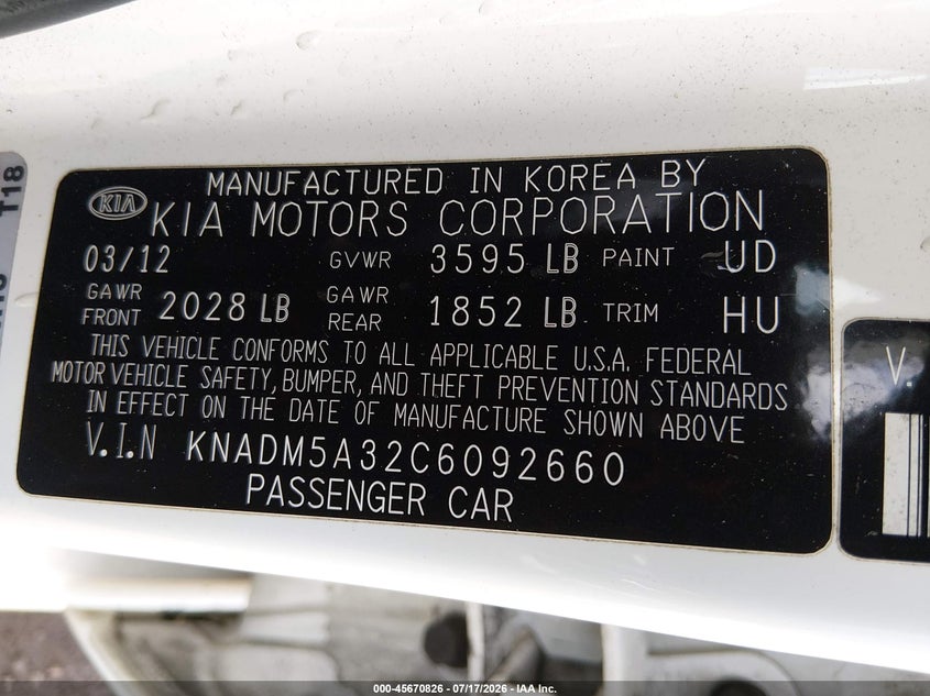 2012 Kia Rio VIN KNADM5A32C6092660 IAAI salvage auction — NORMAL WEAR, Salvage Title, sold $175 on 2026-07-29 (photo 9)