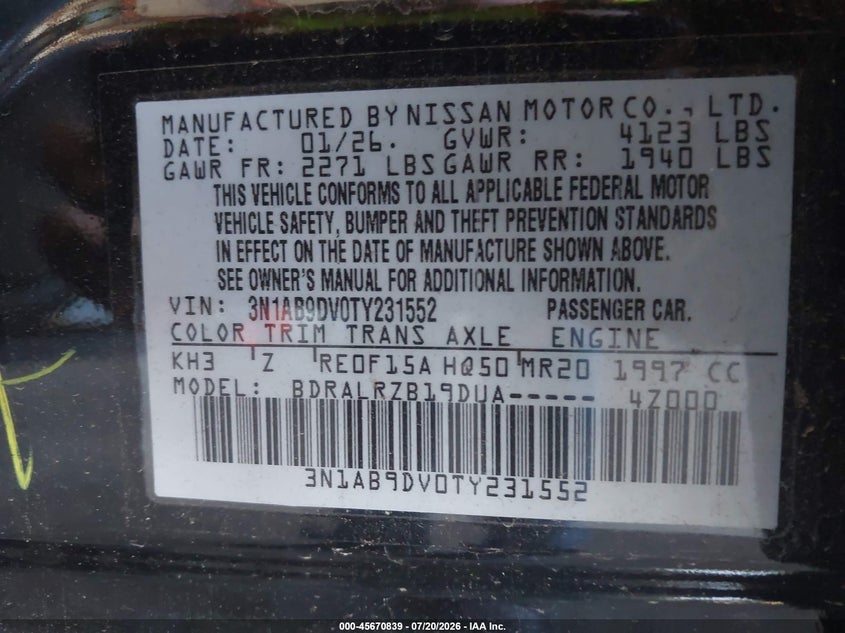 2026 Nissan Sentra VIN 3N1AB9DV0TY231552 IAAI salvage auction — REAR END, Salvage Title, sold $10,800 on 2026-07-30 (photo 9)