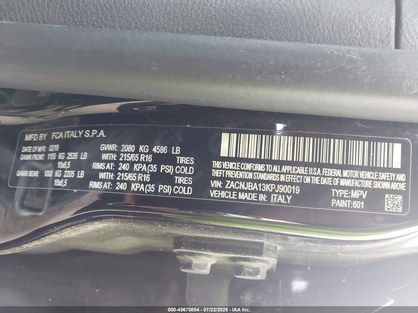 2019 Jeep Renegade VIN ZACNJBA13KPJ90019 IAAI salvage auction — NORMAL WEAR, Clear (Pennsylvania), sold $1,000 on 2026-08-04 (photo 9)