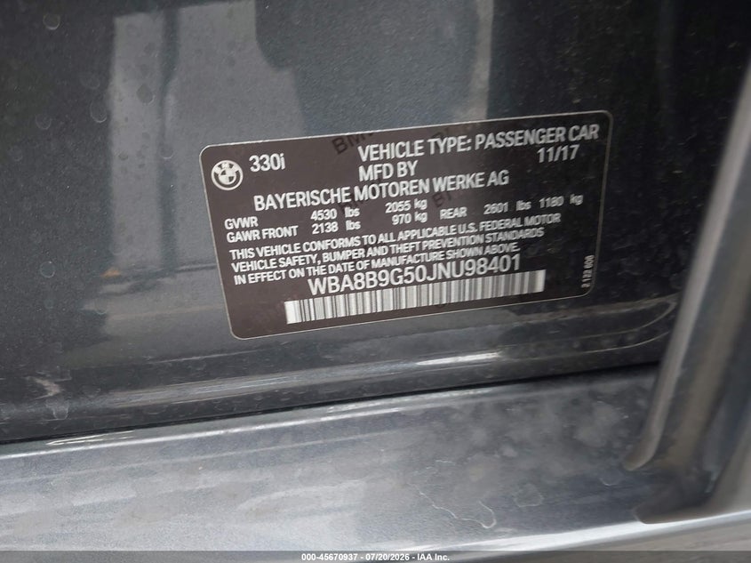 2018 BMW 3er VIN WBA8B9G50JNU98401 IAAI salvage auction — ROOF, Wait Title, sold $4,800 on 2026-08-24 (photo 9)