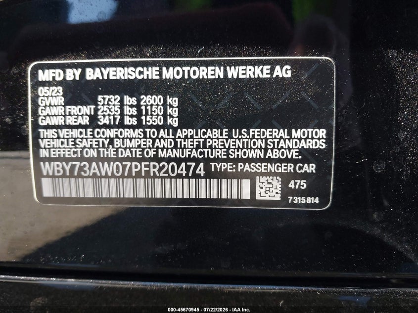 2023 BMW I4 VIN WBY73AW07PFR20474 IAAI salvage auction — REAR END, Salvage Title, sold $17,100 on 2026-07-31 (photo 9)