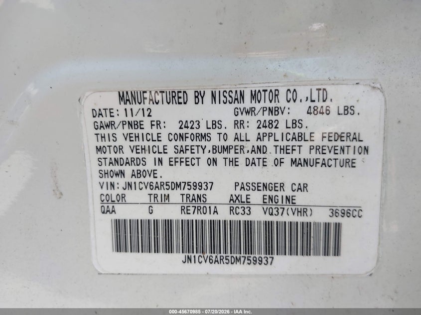2013 Infiniti G VIN JN1CV6AR5DM759937 IAAI salvage auction — NORMAL WEAR, Clear (Connecticut), sold $350 on 2026-07-23 (photo 9)