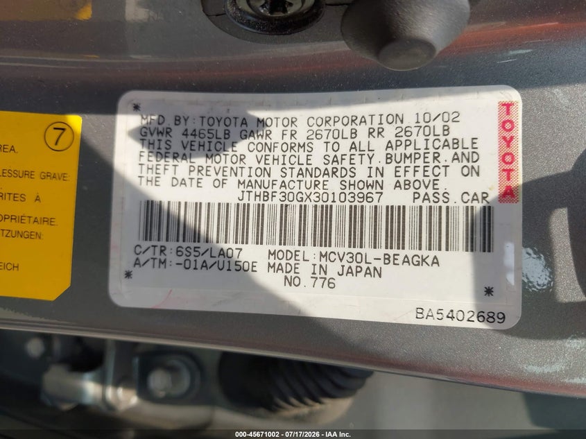2003 Lexus Es 300 VIN JTHBF30GX30103967 IAAI salvage auction — NORMAL WEAR, Clear (Virginia), sold $125 on 2026-07-29 (photo 9)