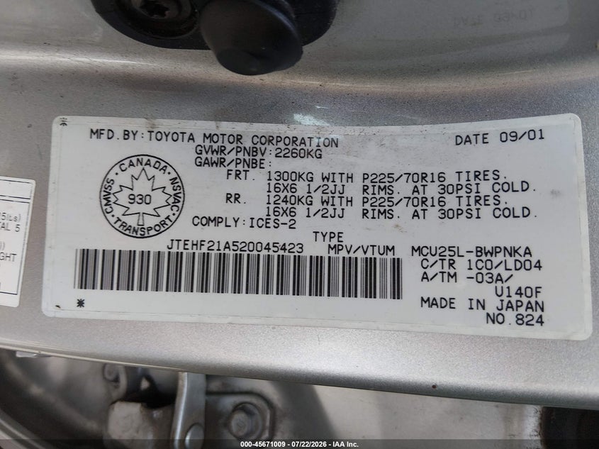 2002 Toyota Highlander VIN JTEHF21A520045423 IAAI salvage auction — NORMAL WEAR, Peddle Clear Public-Restricted (Oregon), sold $300 on 2026-07-27 (photo 9)
