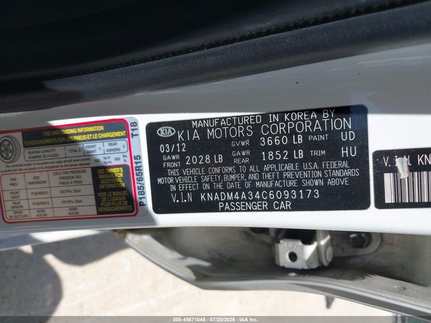 2012 Kia Rio VIN KNADM4A34C6093173 IAAI salvage auction — NORMAL WEAR, Original (Texas), sold $25 on 2026-07-29 (photo 9)