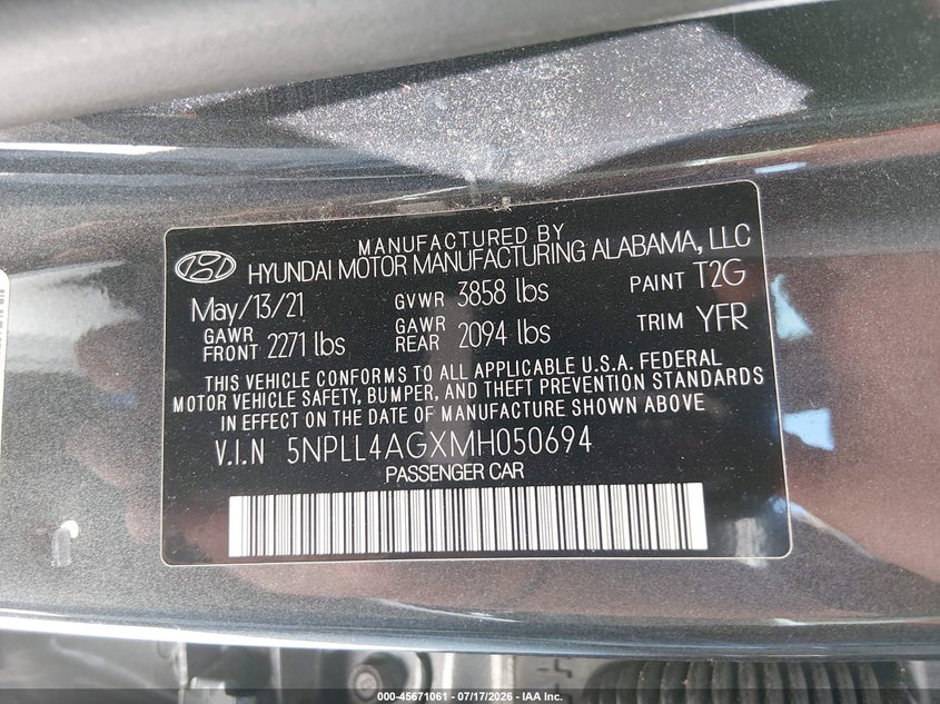 2021 Hyundai Elantra VIN 5NPLL4AGXMH050694 IAAI salvage auction — FRONT & REAR, Sf97 (California), sold $10,550 on 2026-07-30 (photo 9)