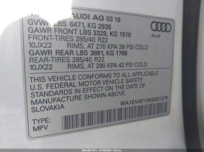 2019 Audi Q8 VIN WA1EVAF13KD031276 IAAI salvage auction — FRONT END, Salvage Title, sold $12,650 on 2026-09-11 (photo 9)