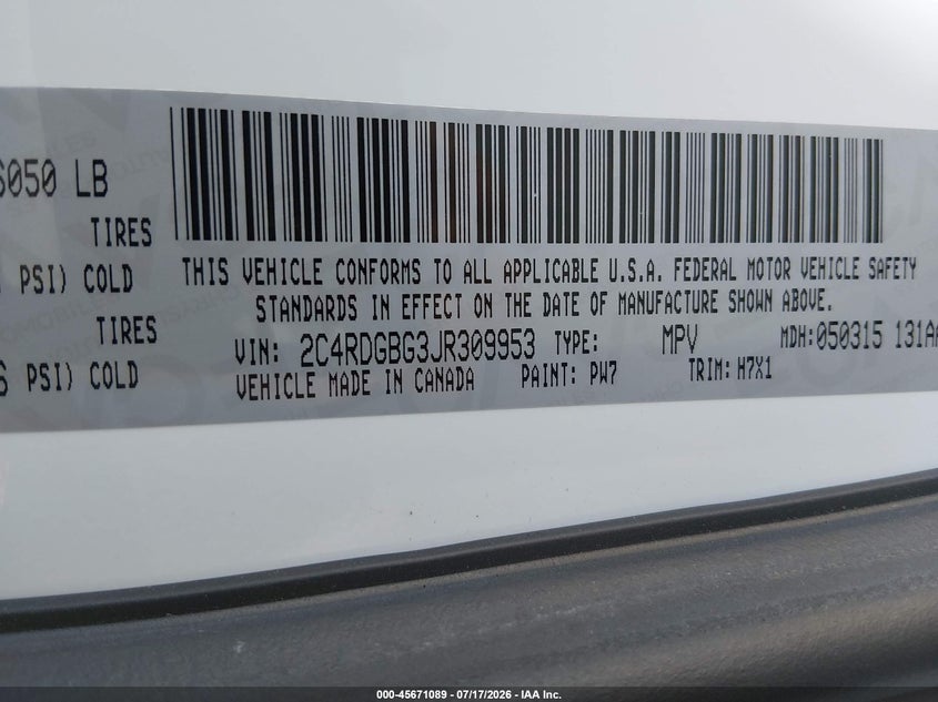 2018 Dodge Grand caravan VIN 2C4RDGBG3JR309953 IAAI salvage auction — NORMAL WEAR, Sf97 (California), sold $16,450 on 2026-07-30 (photo 9)