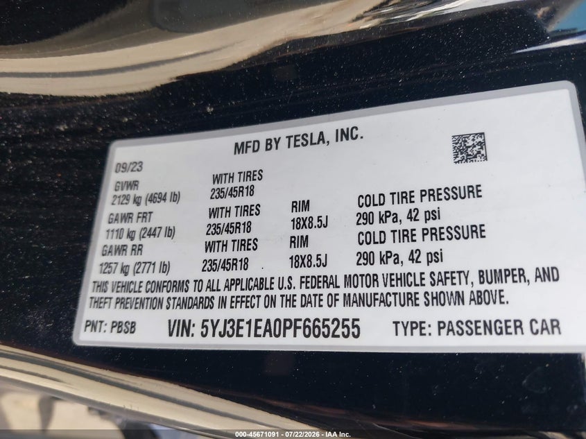 2023 Tesla Model 3 VIN 5YJ3E1EA0PF665255 IAAI salvage auction — FRONT END, Salvage (North Carolina), sold $7,500 on 2026-08-02 (photo 9)