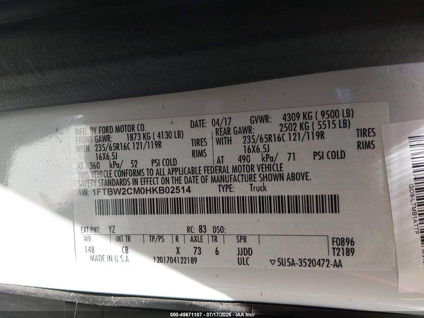 2017 Ford Transit-350 VIN 1FTBW2CM0HKB02514 IAAI salvage auction — NORMAL WEAR, Sf97 (California), sold $23,600 on 2026-07-30 (photo 9)