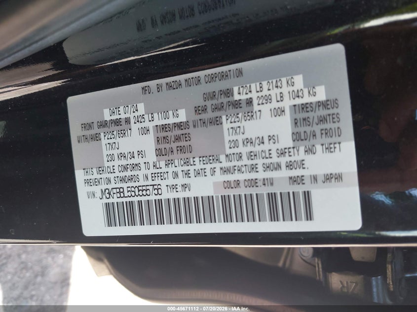 2025 Mazda Cx-5 VIN JM3KFBBL5S0555756 IAAI salvage auction — FRONT END, Wait Title, sold $8,200 on 2026-09-06 (photo 9)