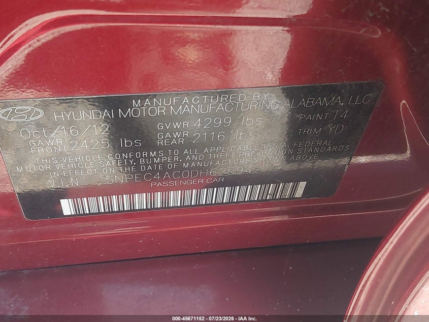 2013 Hyundai Sonata VIN 5NPEC4AC0DH625942 IAAI salvage auction — NORMAL WEAR, Clear (Delaware), sold $25 on 2026-07-30 (photo 9)
