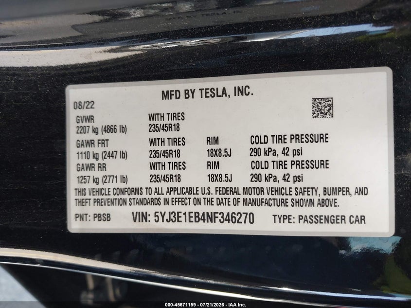 2022 Tesla Model 3 VIN 5YJ3E1EB4NF346270 IAAI salvage auction — FRONT END, Wait Title, sold $5,200 on 2026-10-07 (photo 9)
