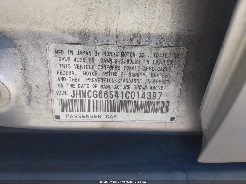 2001 Honda Accord VIN JHMCG66541C014397 IAAI salvage auction — NORMAL WEAR, Clear - Dealer Only (California), sold $150 on 2026-07-29 (photo 9)