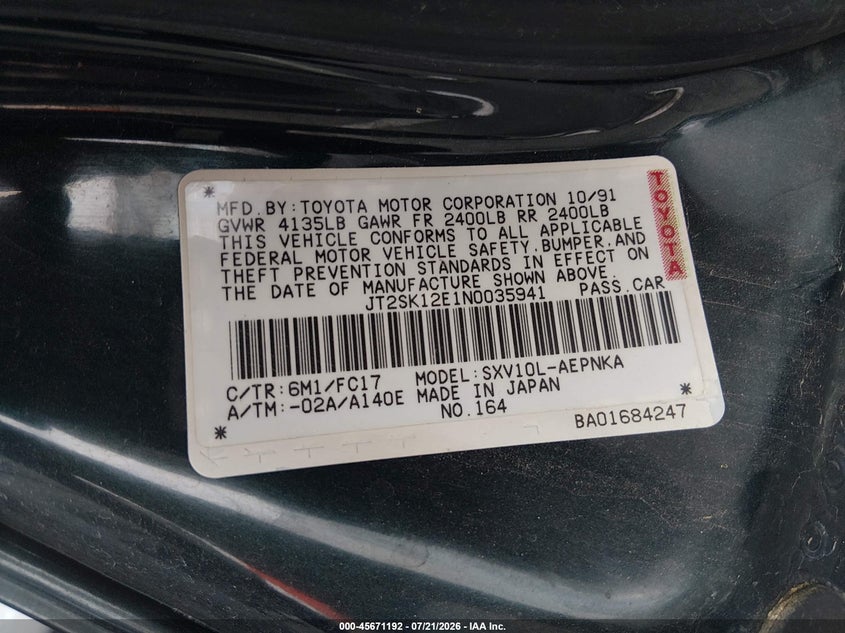 1992 Toyota Camry VIN JT2SK12E1N0035941 IAAI salvage auction — NORMAL WEAR, Clear (Nevada), sold $225 on 2026-07-31 (photo 9)