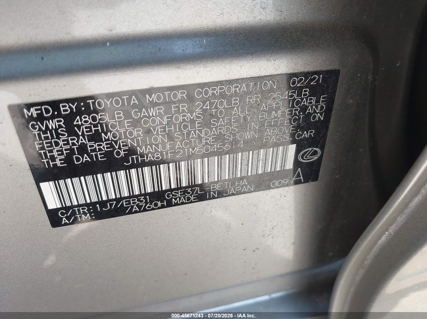 2021 Lexus Is VIN JTHA81F21M5045614 IAAI salvage auction — FRONT END, Salvage Title, sold $9,900 on 2026-07-31 (photo 9)